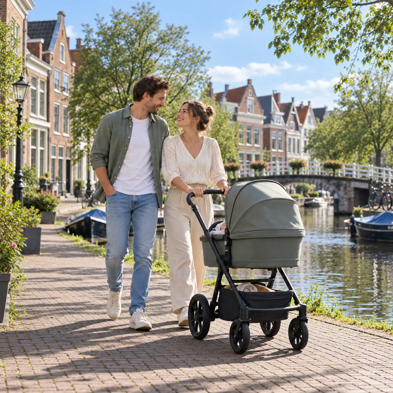 Aanstaande ouders met een kinderwagen langs een gracht